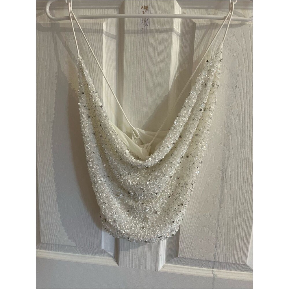NWT Retrofete Top White Beaded Sequin Cowl Neck Michal Bridal Bachelorette sz XS - Picture 2 of 6